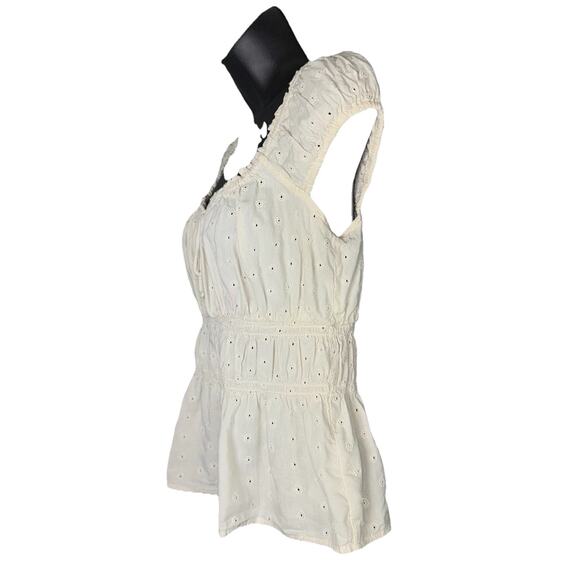 Ivory Eyelet Cotton Off Shoulder Puff Sleeve Babydoll Ruched Peasant Tunic Boho - Picture 3 of 9